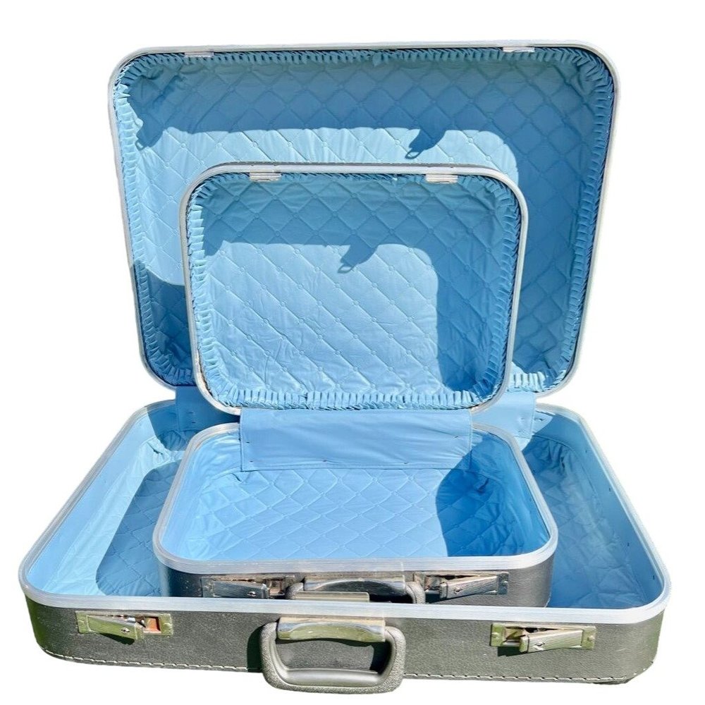 Vintage Hard Shell Nesting Suitcases Gray with Blue Set of 2